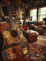 Old acoustic guitar with stickers leaning against a chair in a music studio