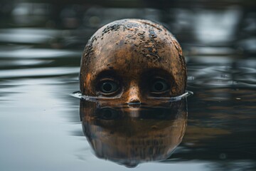Creepy doll head floating in murky water