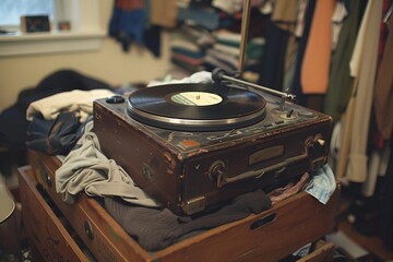 Old turntable playing vinyl record in a room full of clothes