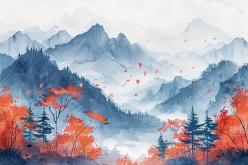 Blue mountains in the fog in Japanese style