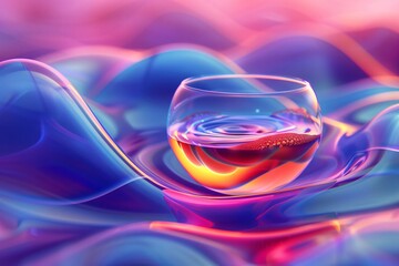 Round glass full of liquid standing on wavy colorful surface