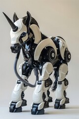 Powerful robot unicorn standing on white background