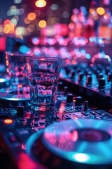 Glass of water standing on dj mixer in nightclub setting