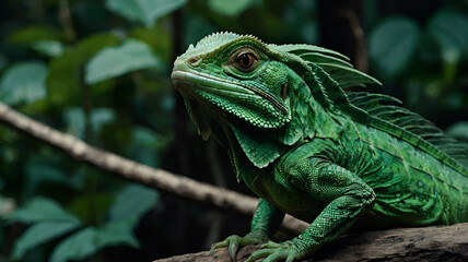 Obraz premium green basilisk leaning on a branch in jungle