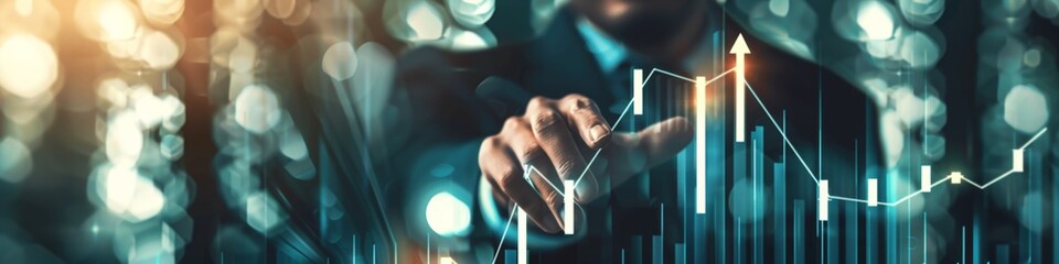 Business, corporate finance, economic recovery, interest rates and dividends, businessman holding arrow icons and percentages including investment growth chart indicators, financial growth chart analy