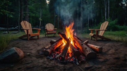 A bonfire is burning centered on the campsite