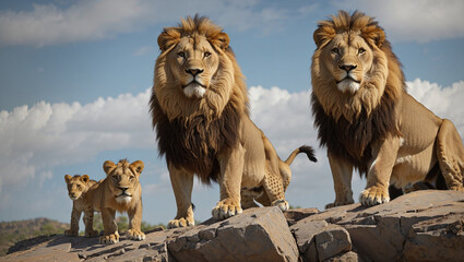 There are three lions standing on a rock outcropping.