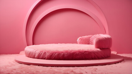 A pink fuzzy loveseat on a pink platform against a pink background with pink arches.