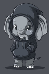 Fototapeta premium a very cute tricky Baby Elephant in a black hoodie in full growth, cartoon, Simple 2d vector illustration