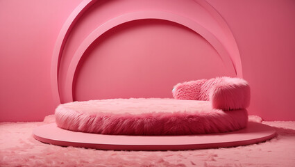 A pink fuzzy loveseat on a pink platform against a pink background with pink arches.
