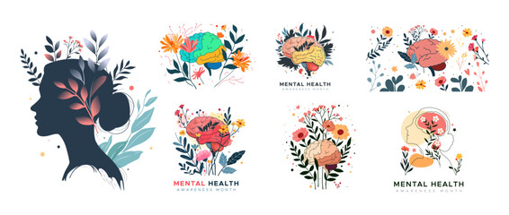 a collection of vector sets with a mental health concept and a silhouette of a woman's head filled with leaves. To commemorate world mental health day. care about health