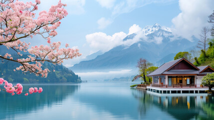 Wooden house at calm lakeside with cherry blossom at spring