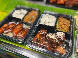 Sea food Stalls in a market.Street food stalls at Night market .Street food Bangkok Thailand