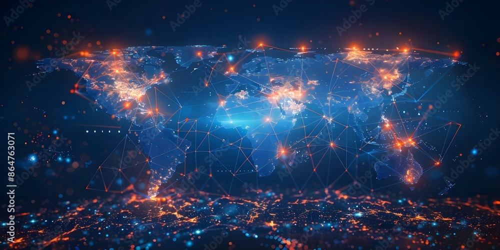 Poster abstract digital world map depicting global network connectivity and artificial intelligence technol