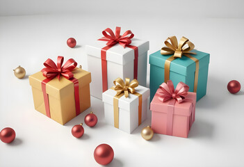Fototapeta premium Elegant Gift Boxes in Pastel, Gold, and White colors with Ribbons surrounded by red and gold ornament