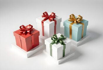 Fototapeta premium Elegant Gift Boxes in Pastel Colors with Ribbons on the white stands