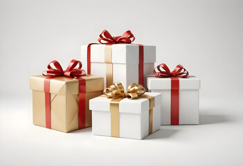 Obraz premium Gold and white Gift Boxes with red and gold Ribbons on the white background