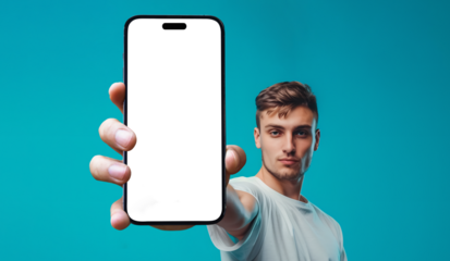 Close up of a smartphone being held by a happy man, transparent png - easy modification