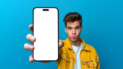 Close up of a smartphone being held by a happy man, transparent png - easy modification