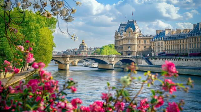 Pont neuf bridge with flowers blooming during springtime in paris