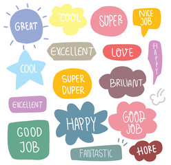 Collection of hand drawn speech bubbles. great, good job, love, motivation word