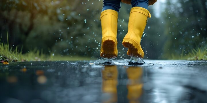 Children in yellow boots happily jumping in puddles on a rainy day. Concept Rainy day fun, Yellow boots, Puddle jumping, Children's photoshoot, Playful portraits