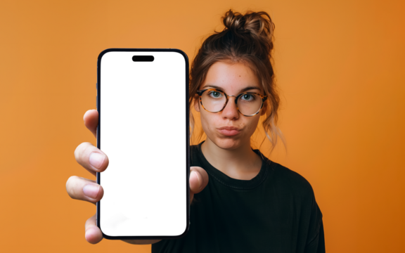Close up of a smartphone being held by a woman, transparent png - easy modification
