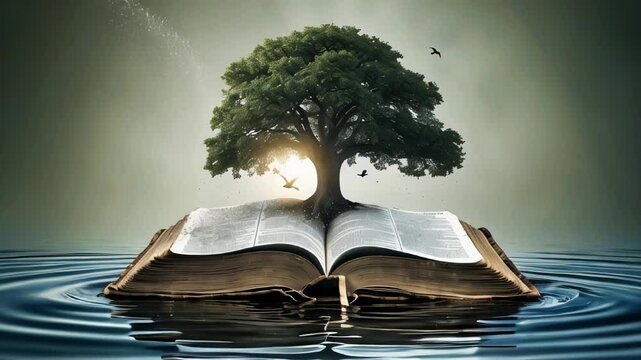A large tree grows out of an open book, resting on a surface of calm water. The sunlight shining through the leaves of the tree. concept of caring for the environment and environmental education