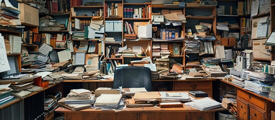 Overwhelmed Workspace - Chaotic Office Desk Cluttered with Documents and Paperwork Symbolizing Disorganization