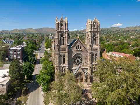 Cathedral of the Madeline and suburb in Salt Lake City, Utah, United States of America.
