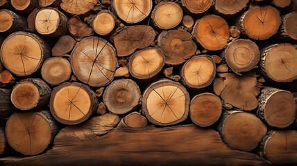 Fototapeta premium Background from round wooden logs. Beautiful sawn mulberry wood densely stacked in several layers close-up