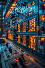Naklejka premium Futuristic Smart Control Interface Monitoring Machinery in a Modern Factory