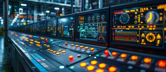 Naklejka premium Advanced Control Interface in Modern Factory with Glowing Screens Displaying Operational Data and Machinery Status