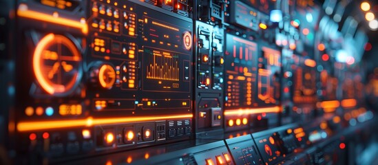 Obraz premium Futuristic Smart Control Interface in Modern Factory with Glowing Screens Displaying Operations Data and Machinery Status