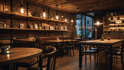cozy cafe background with wooden tables 