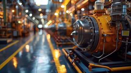 Obraz premium Advanced Industrial Machinery in Factory. Close-up of advanced machinery in a factory setting, showcasing intricate engineering and modern manufacturing technology.