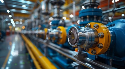 Fototapeta premium Yellow and Blue Machinery in Modern Factory. Close-up of yellow and blue machinery in a modern factory, emphasizing precision engineering and high-tech manufacturing processes.