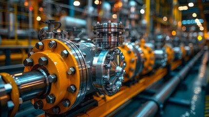 Fototapeta premium Precision Engineering in High-Tech Factory. Close-up of precision-engineered machinery in a high-tech factory, demonstrating advanced manufacturing technology and industrial equipment.