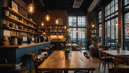 cozy cafe background with wooden tables 