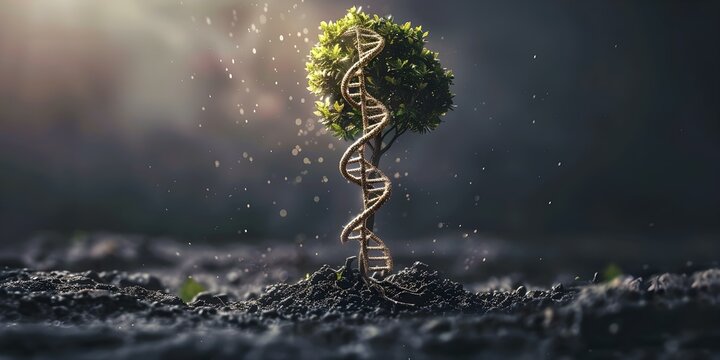 Visual representation of family tree with intertwined DNA strands showcasing generational connections. Concept Family Tree, DNA Strands, Generational Connections, Visual Representation