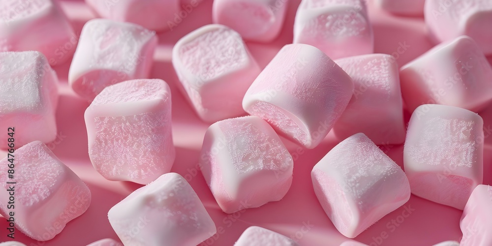 Poster fluffy marshmallows 3d render pattern for wrapping paper or textile print. concept marshmallow delig