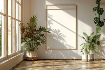 Fototapeta premium Mockup of a frame featuring ISO A paper size, perfect for showcasing living room wall posters. Displayed against a contemporary house interior backdrop, highlighting modern interior design elements.