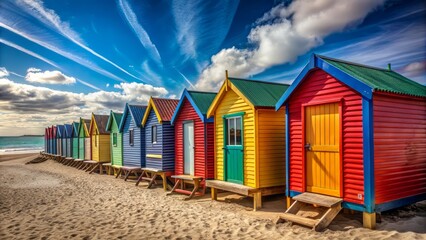 Naklejka premium Vibrant beach huts in various colors line the shore, their wooden facades weathered to perfection, set against a brilliant blue sky with only a few clouds.