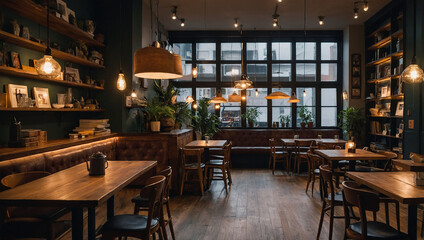 cozy cafe background with wooden tables 
