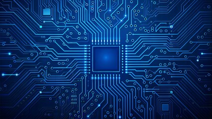 Abstract AI circuit board background. Technology connected blue lines with electronics elements on tech bg. Computer motherboard with a chip, processor, and semiconductor. 