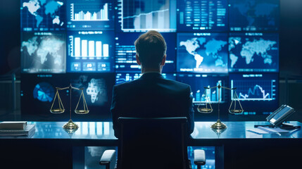 Businessman Analyzing Global Financial Data. A businessman seated at a desk analyzing global financial data displayed on multiple digital screens in a modern office setting.