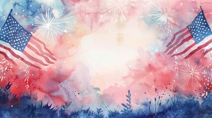 Patriotic watercolor background with two American flags and fireworks.  Perfect for Independence Day or Memorial Day celebrations.