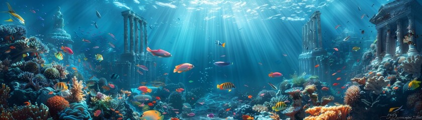Fototapeta premium Sunbeams illuminate vibrant coral reef with colorful fish swimming.