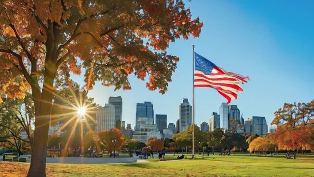 The American flag waving above a city park, blending urban life with national pride