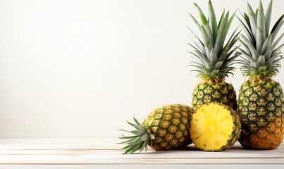 Fototapeta premium Freshly Cut Pineapples on Wooden Surface